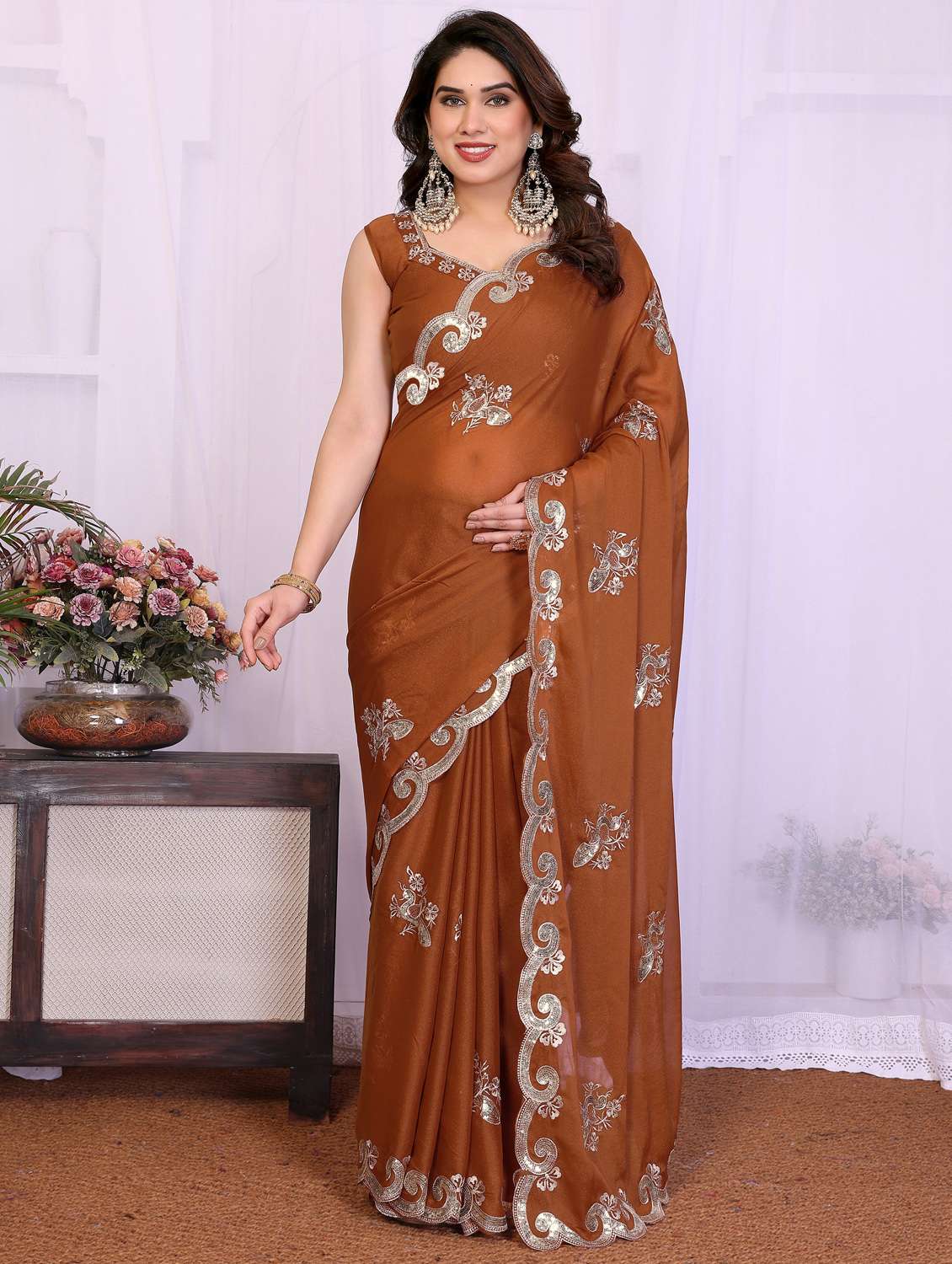 women solid with work embroidered saree with blouse - 22332427 -  Standard Image - 1