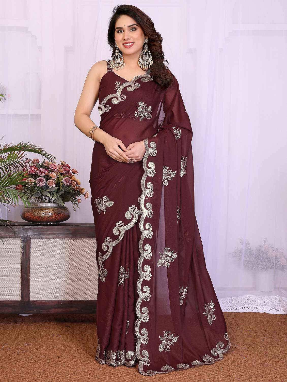 women solid with work embroidered saree with blouse - 22332428 -  Standard Image - 1