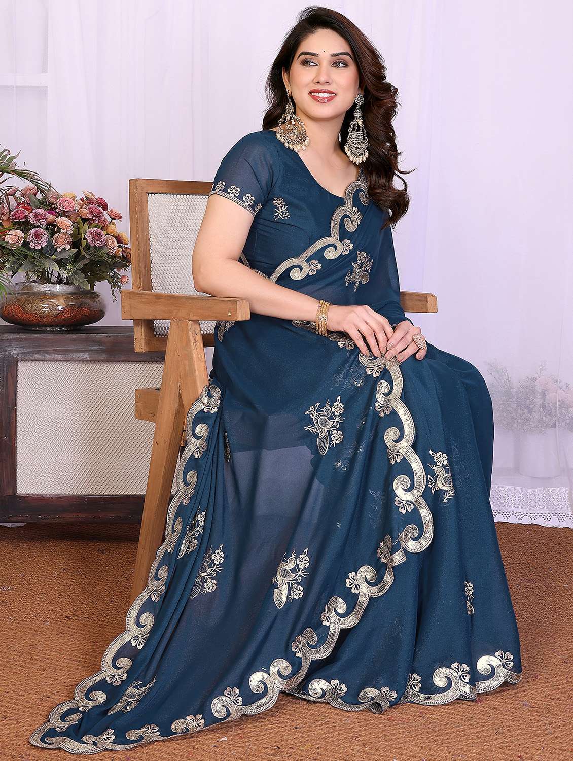 women solid with work embroidered saree with blouse - 22332430 -  Standard Image - 1