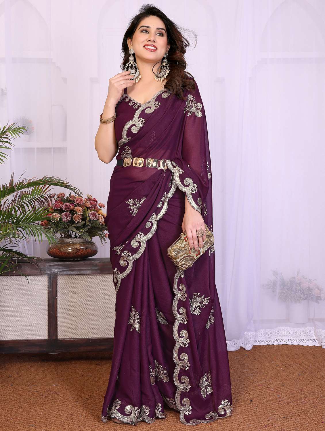 women solid with work embroidered saree with blouse