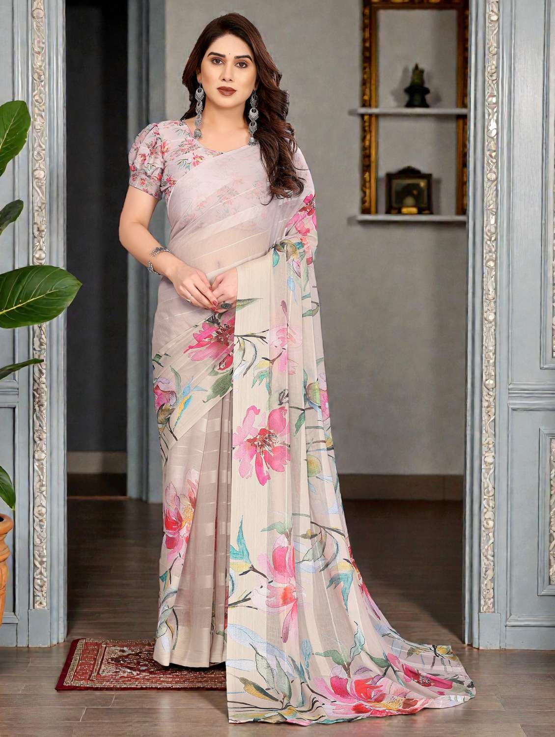 women printed casual wear saree with blouse