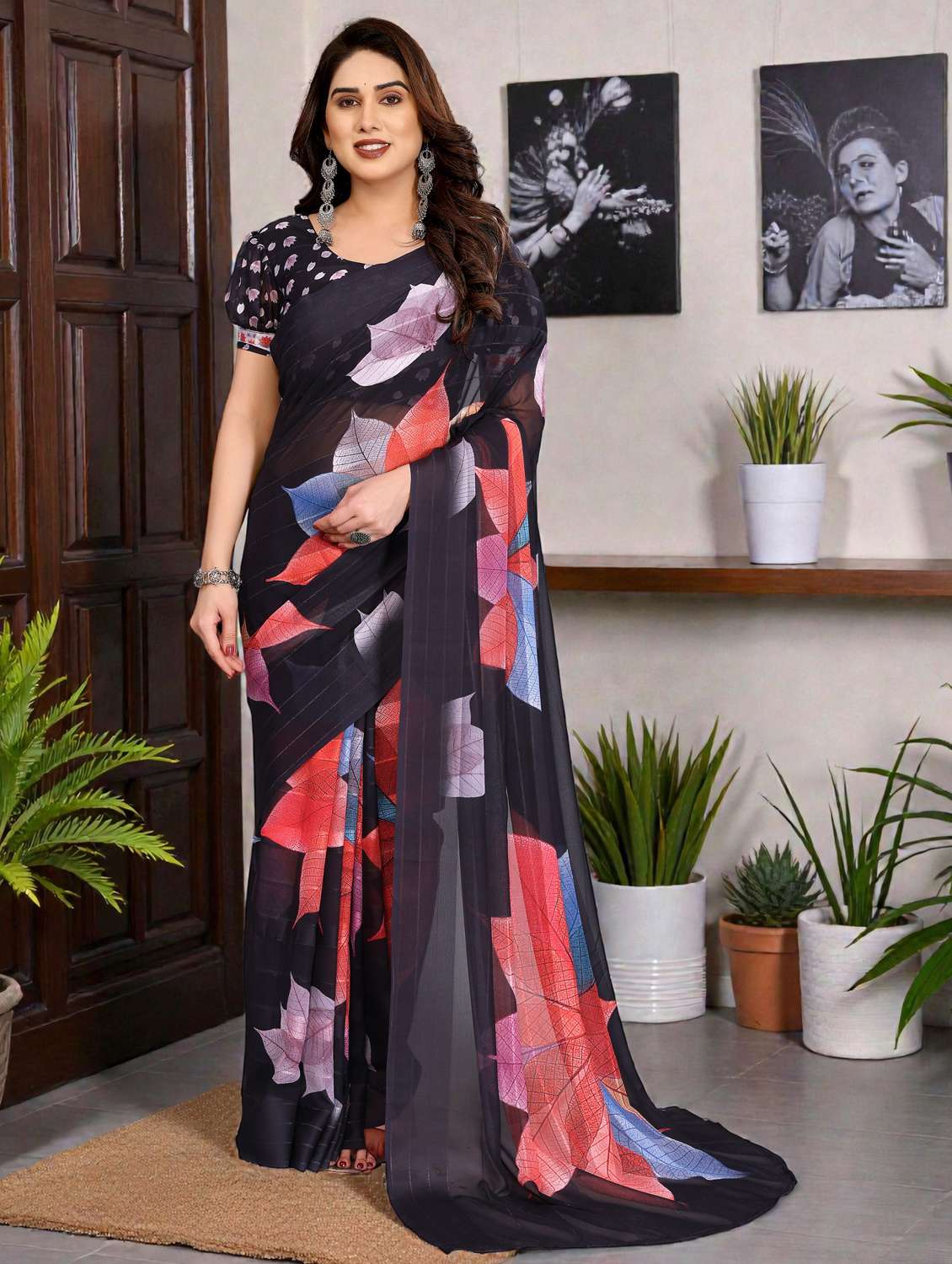 women printed casual wear saree with blouse