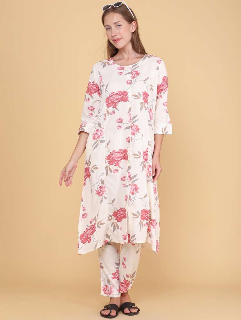 women printed three quarter sleeves ethnic co-ord set