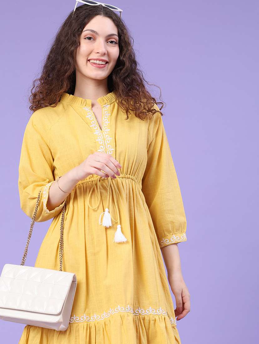 women embroidered three quarter sleeves tiered dress