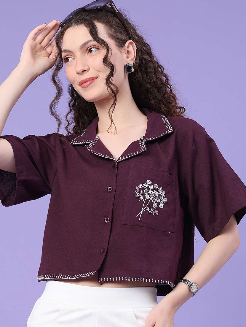 women embroidered short sleeves crop shirt 
