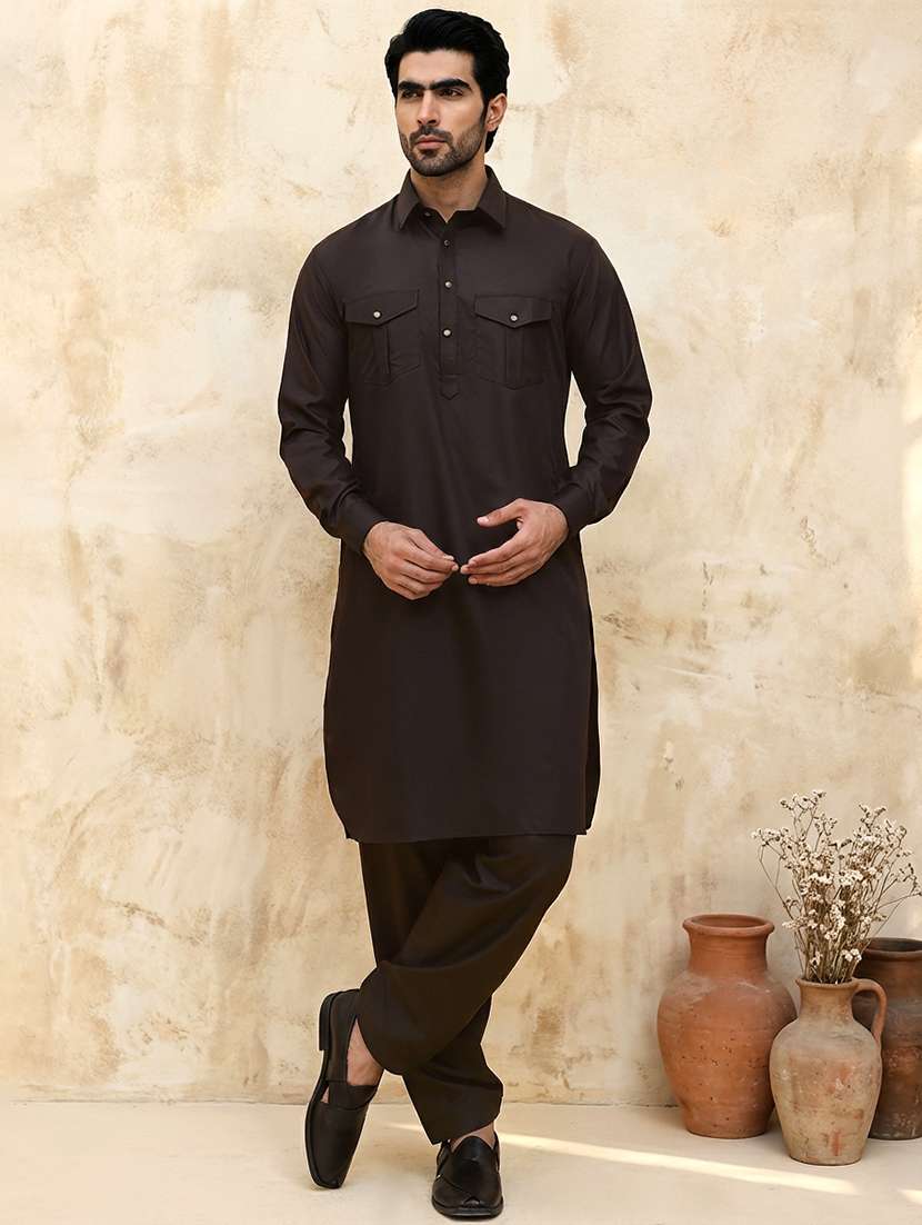 men solid long sleeve pathani ethnic wear set
