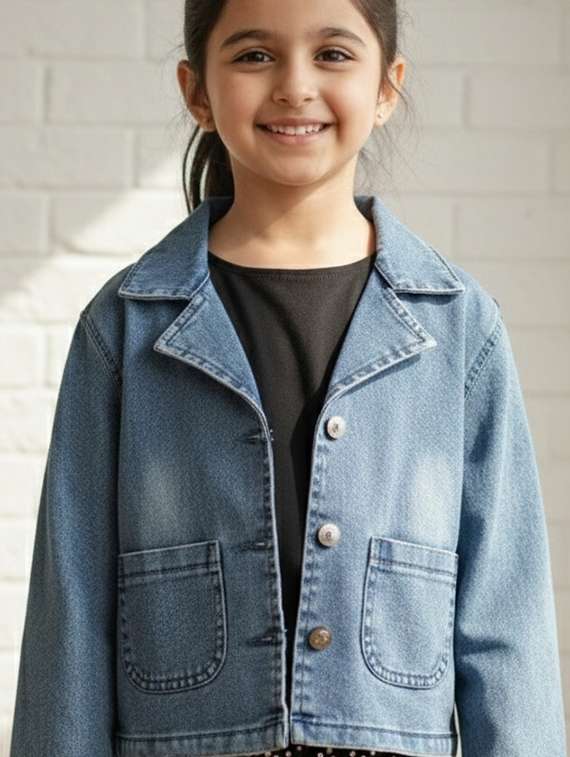 girls solid long sleeve denim regular jacket - 22335607 -  Standard Image - 1