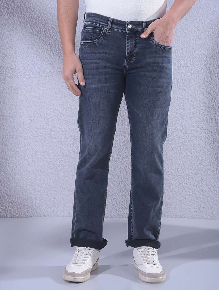 men washed mid rise full length straight fit jeans