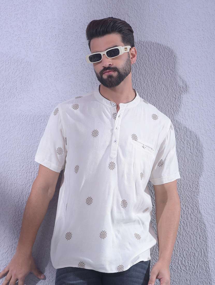 men self design mandarin neck short kurta
