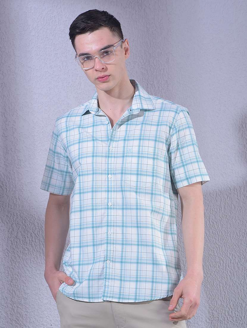 men checkered short sleeve slim fit casual shirt