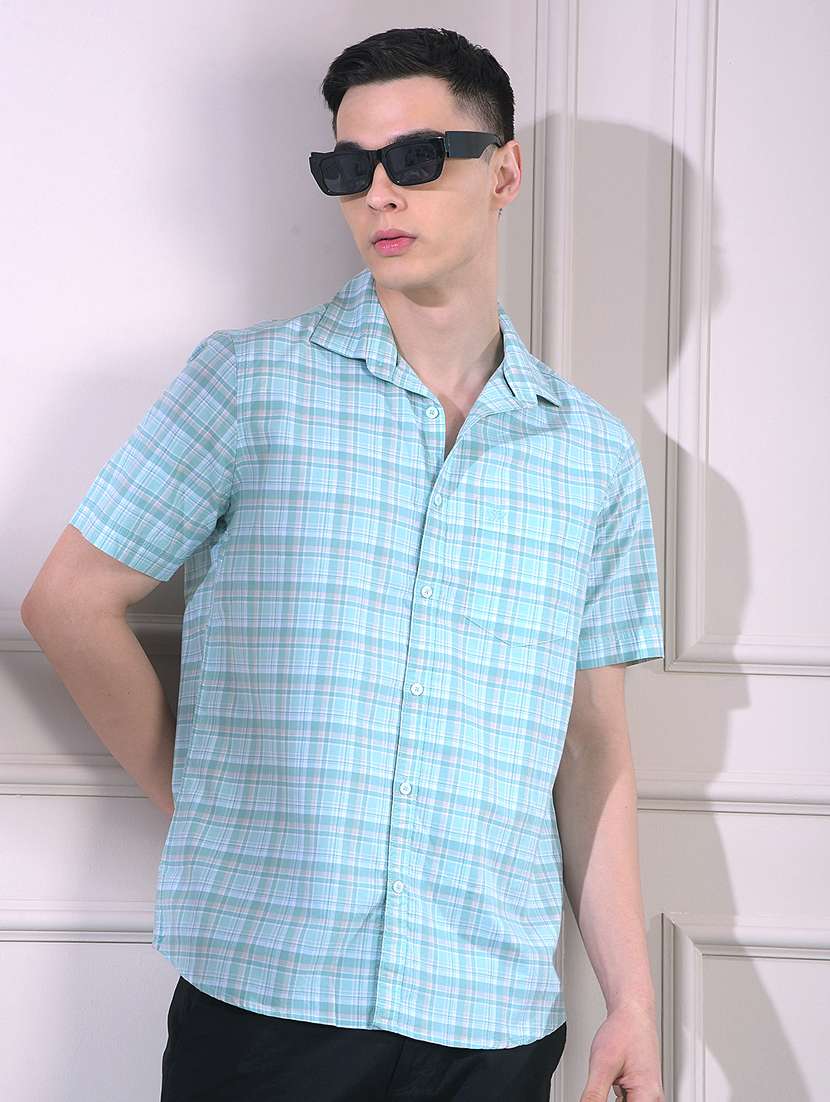men checkered short sleeve slim fit casual shirt