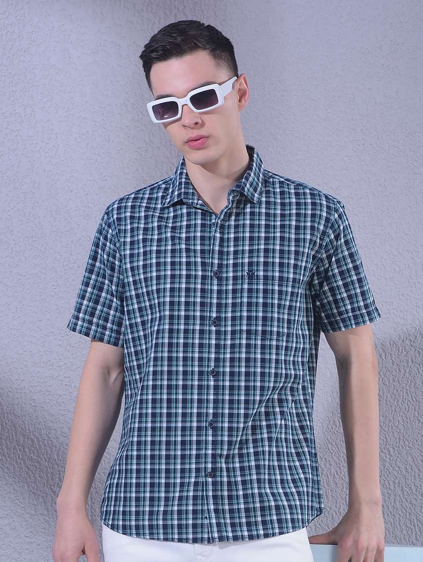 men checkered short sleeve slim fit casual shirt