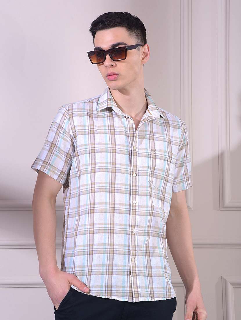 men checkered short sleeve slim fit casual shirt