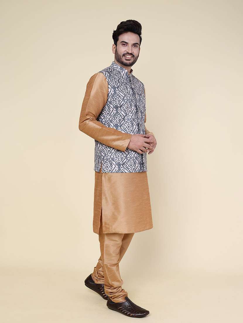 men printed mandarin neck kurta pyjama with jacket ethnic wear set - 22336108 -  Standard Image - 1