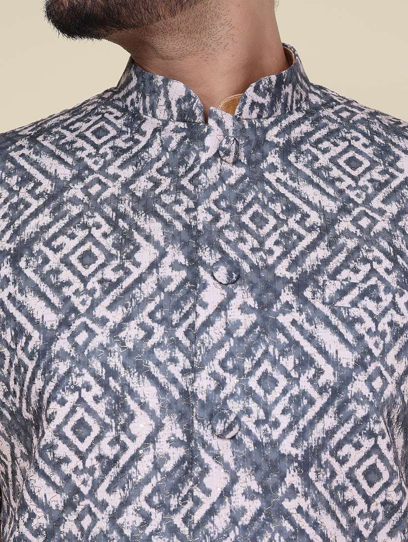 men printed mandarin neck kurta pyjama with jacket ethnic wear set - 22336108 -  Standard Image - 4