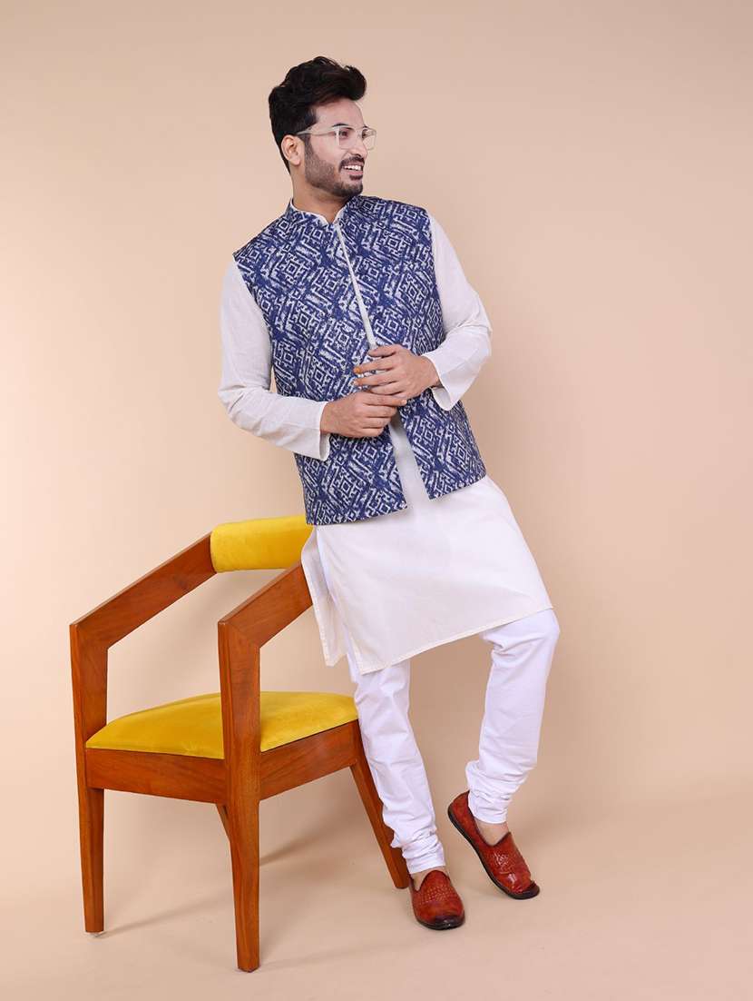 men printed mandarin neck kurta pyjama with jacket ethnic wear set - 22336112 -  Standard Image - 1