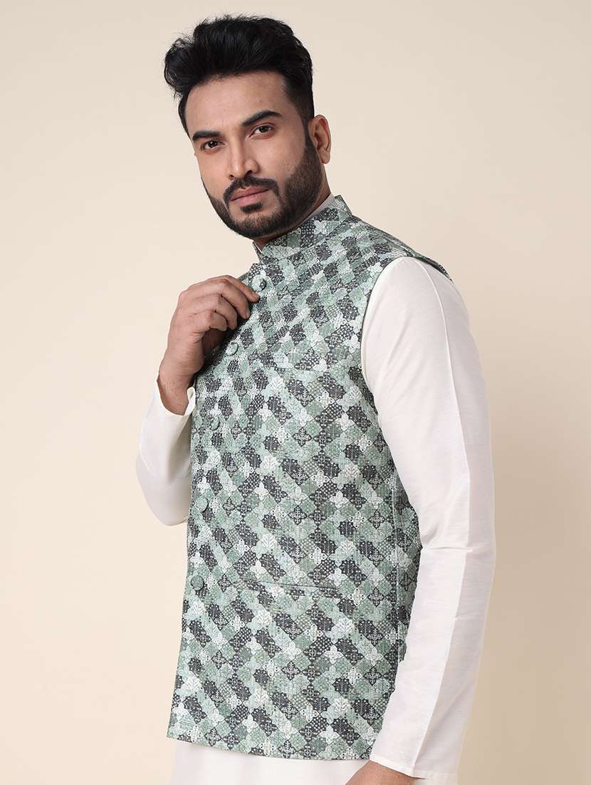 men printed mandarin neck kurta pyjama with jacket ethnic wear set - 22336118 -  Standard Image - 1