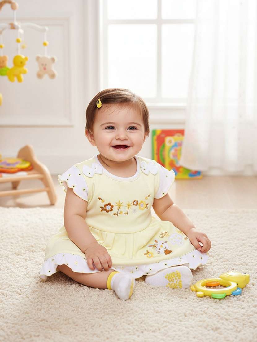 girls printed short sleeve frock with blommer - 22336675 -  Standard Image - 1