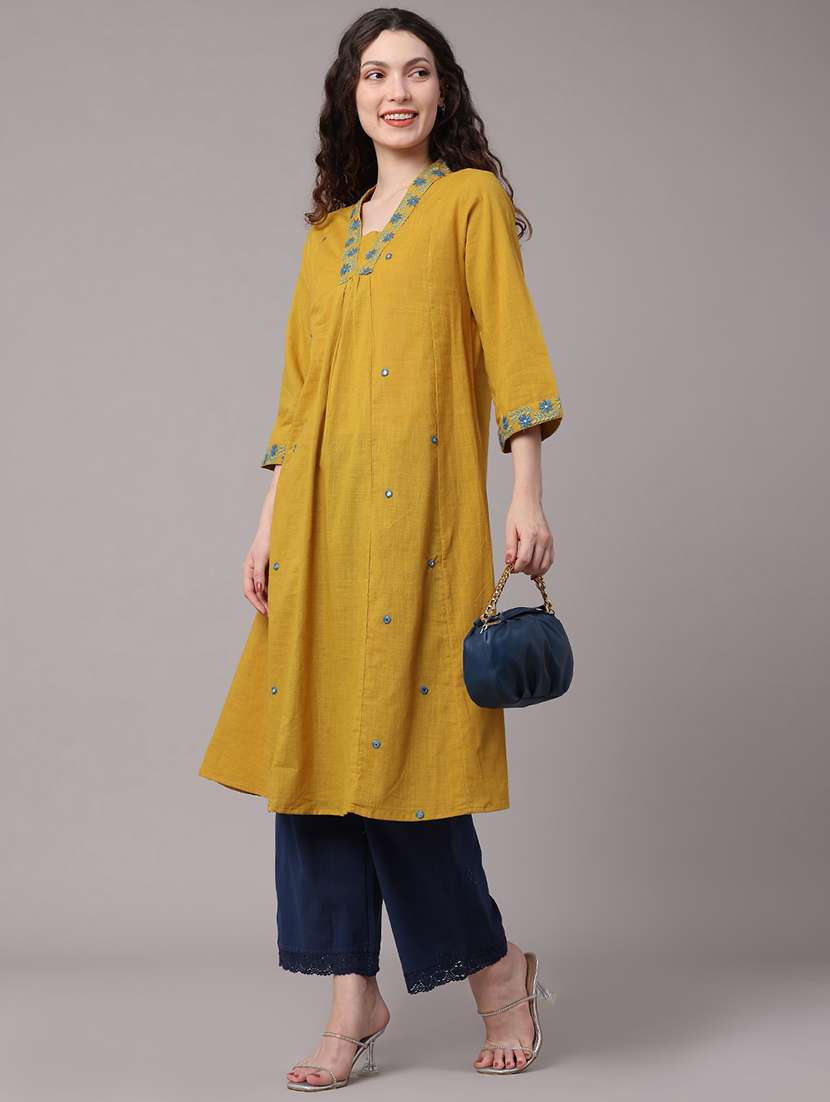 women embroidered three quarter sleeves a-line kurta