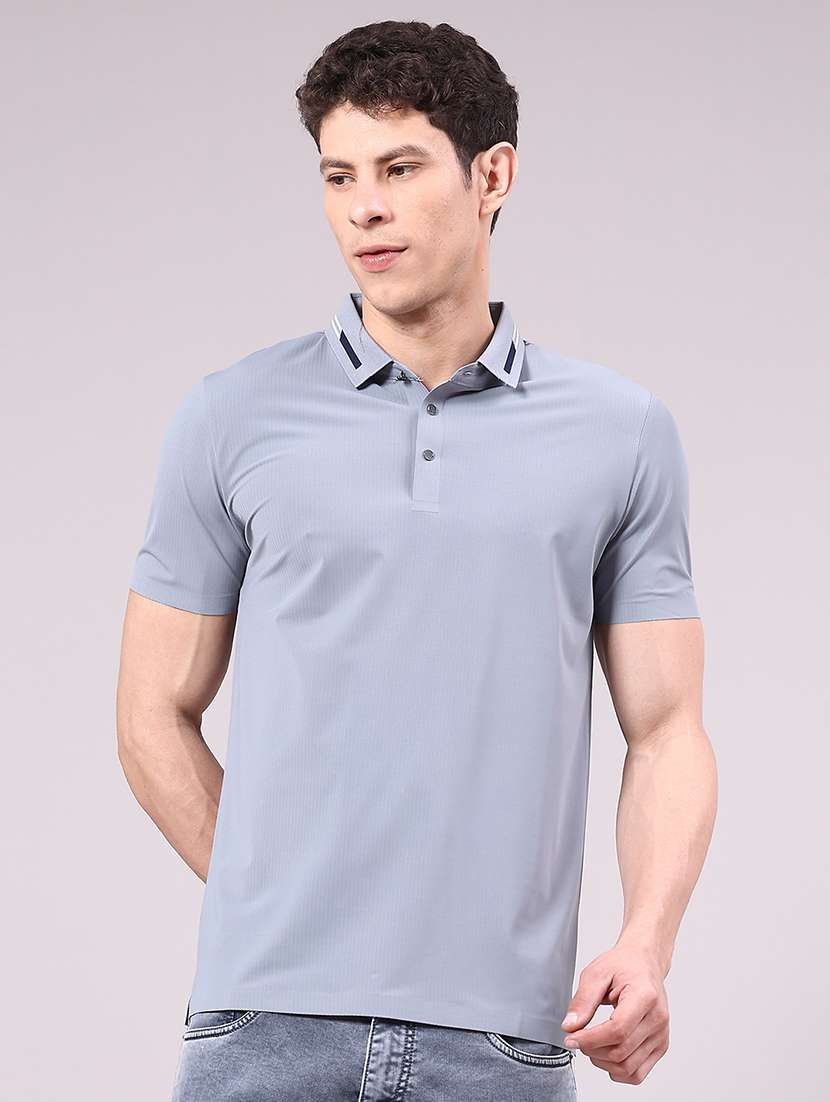 men's grey seamless polo-t-shirt with tonal stitching slim fit breathable stretch