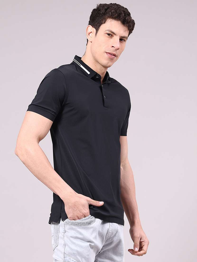 men's black seamless polo-t-shirt with tonal stitching slim fit breathable stretch - 22336804 -  Standard Image - 1
