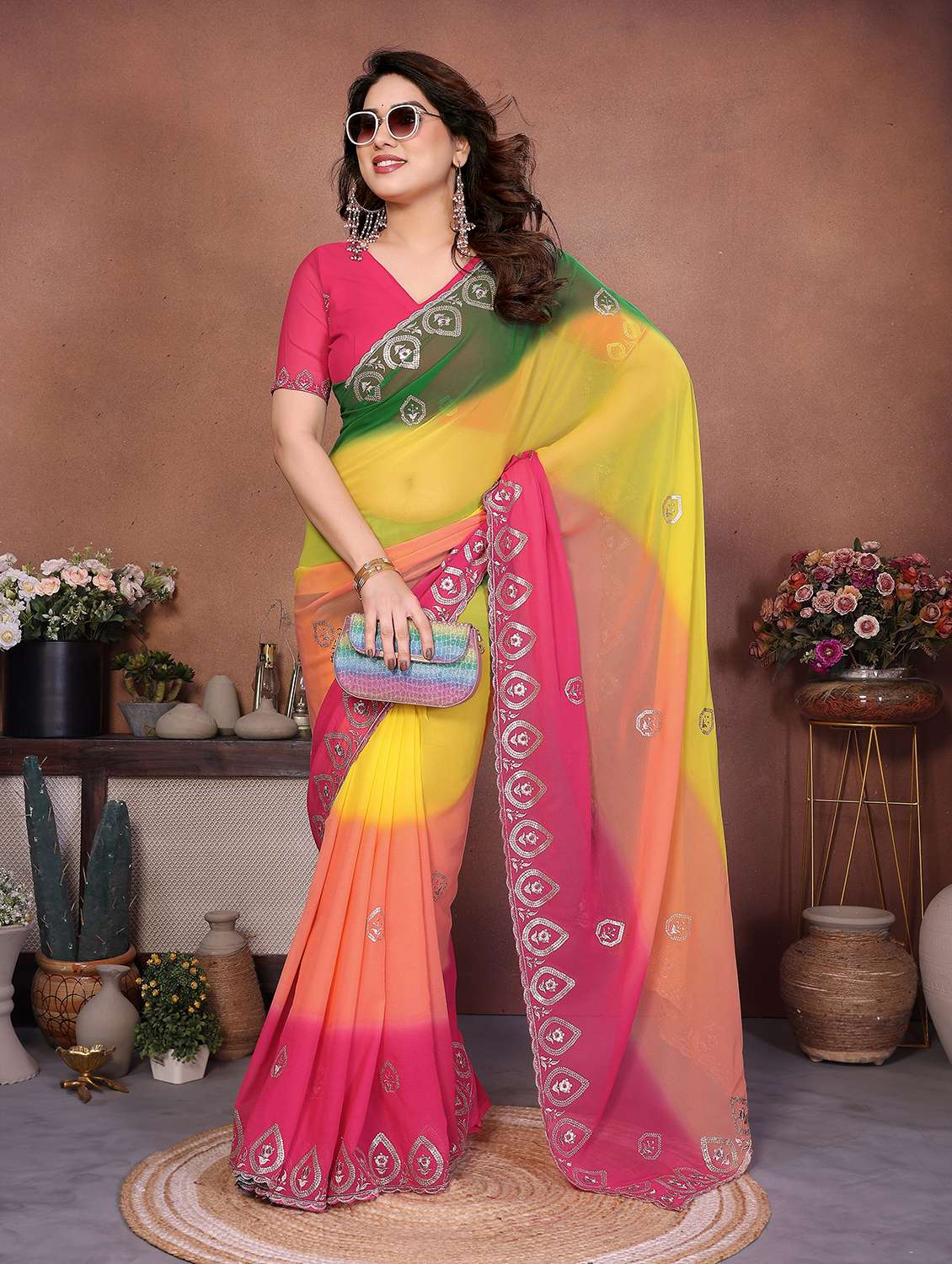 women ombre embroidered saree with blouse