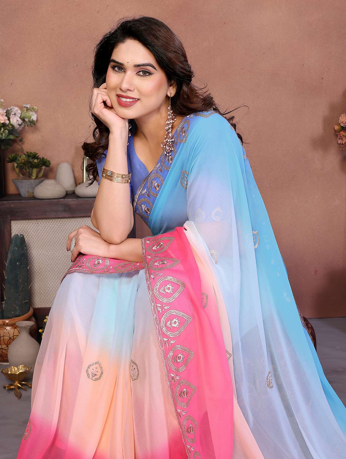Women Ombre Embroidered Saree With Blouse - 22337250 -  Standard Image - 1