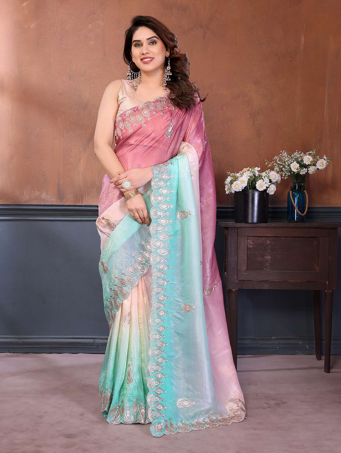 women ombre embroidered saree with blouse