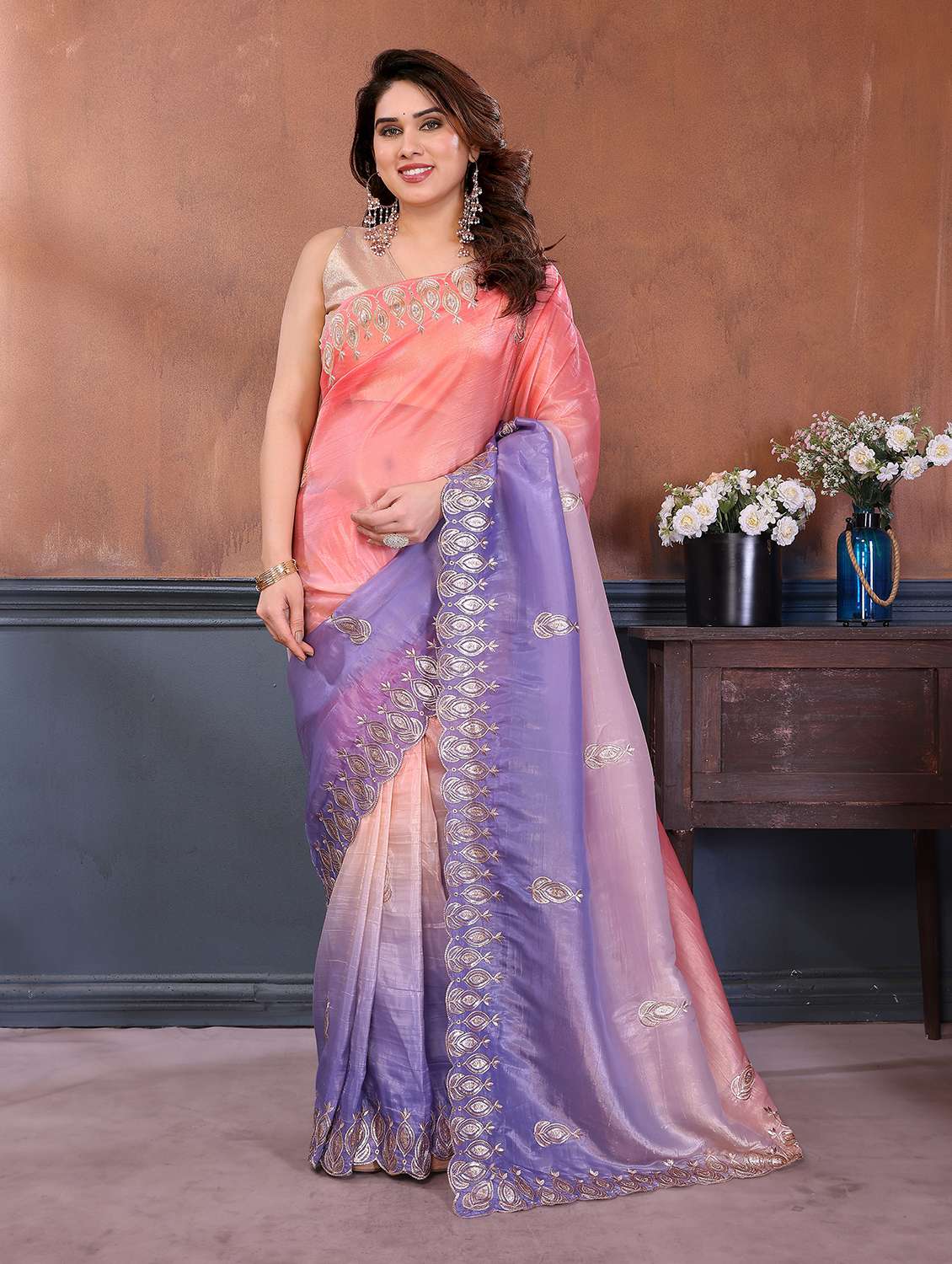women ombre embroidered saree with blouse