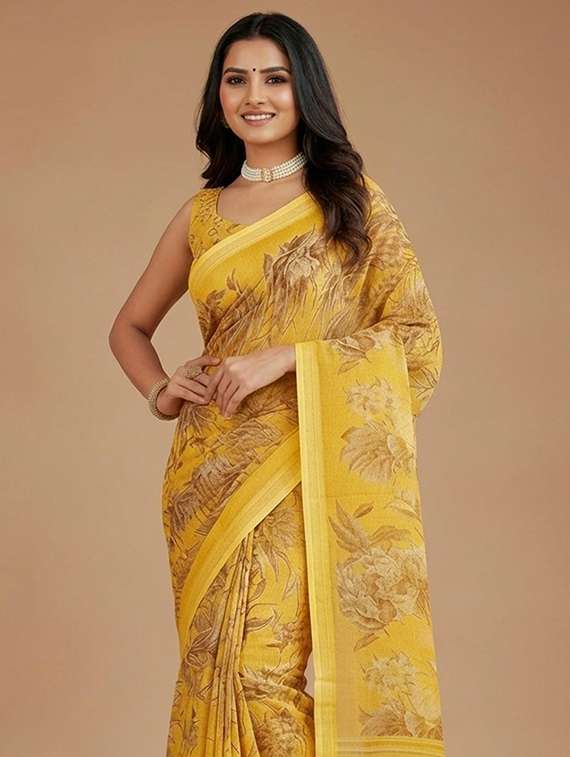 mustard georgette printed saree with blouse - 22337277 -  Standard Image - 1