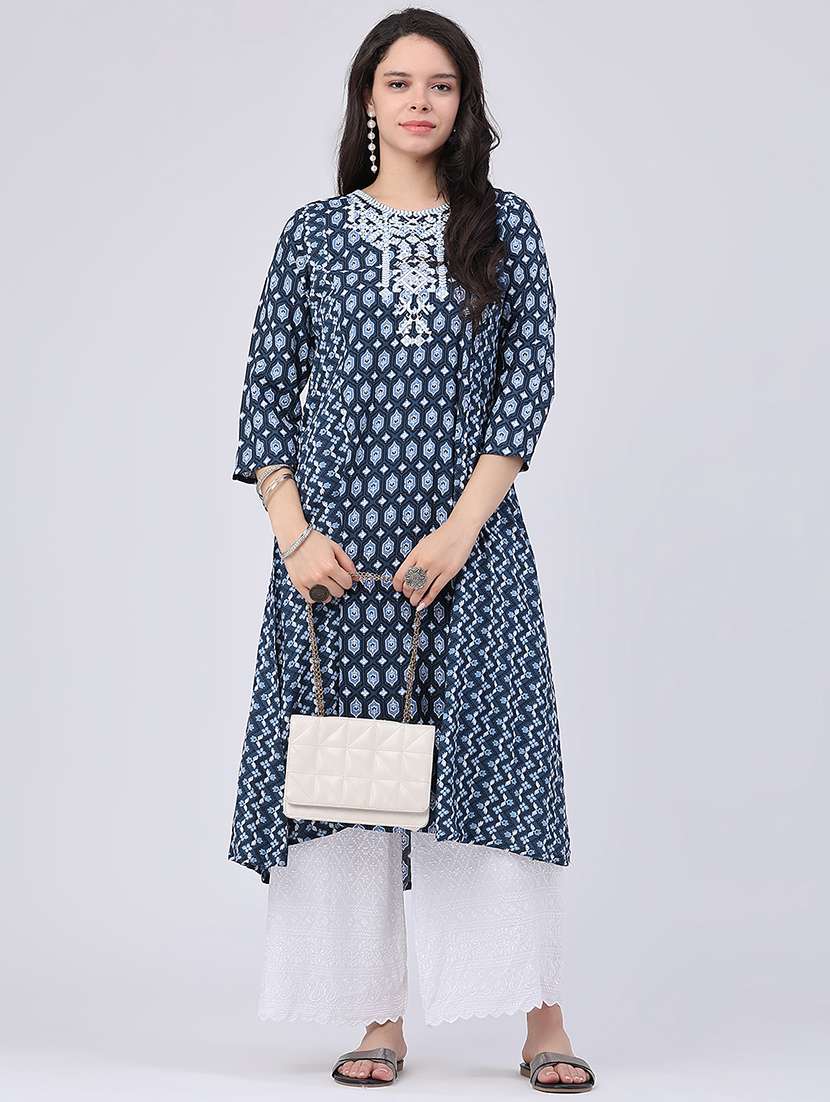 women printed three quarter sleeves a-line kurta
