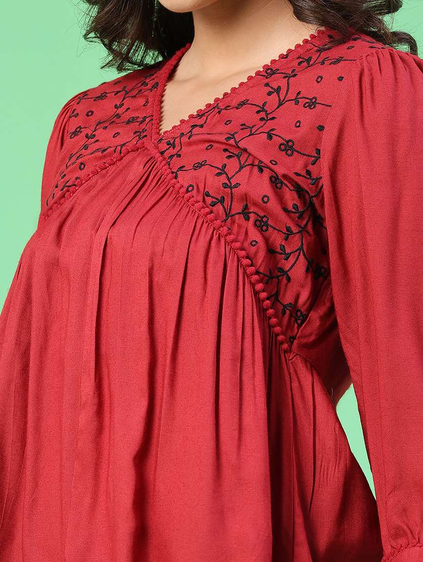 women embroidered three quarter sleeves a-line top - 22337477 -  Standard Image - 1
