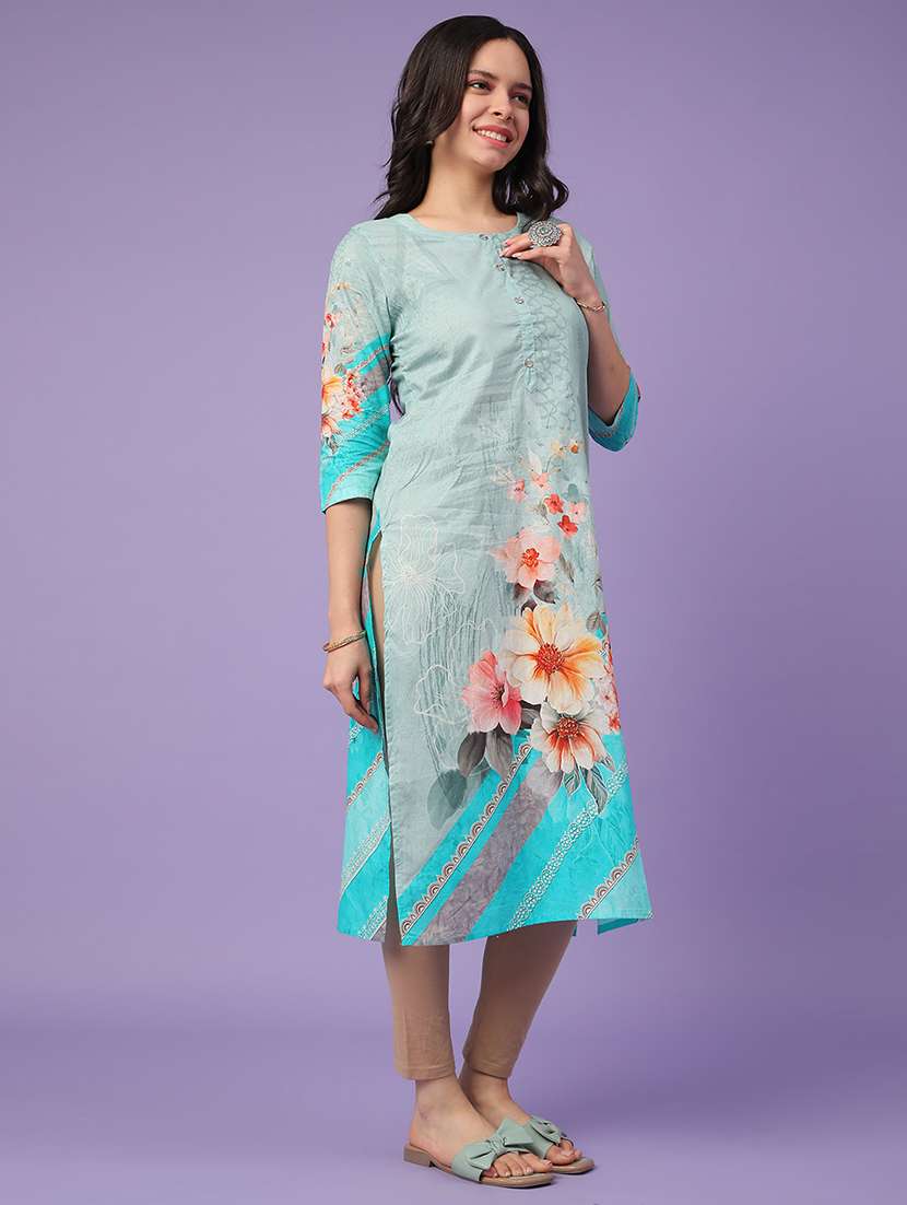 Blue Cotton Straight Kurta - 22337485 -  Standard Image - 4