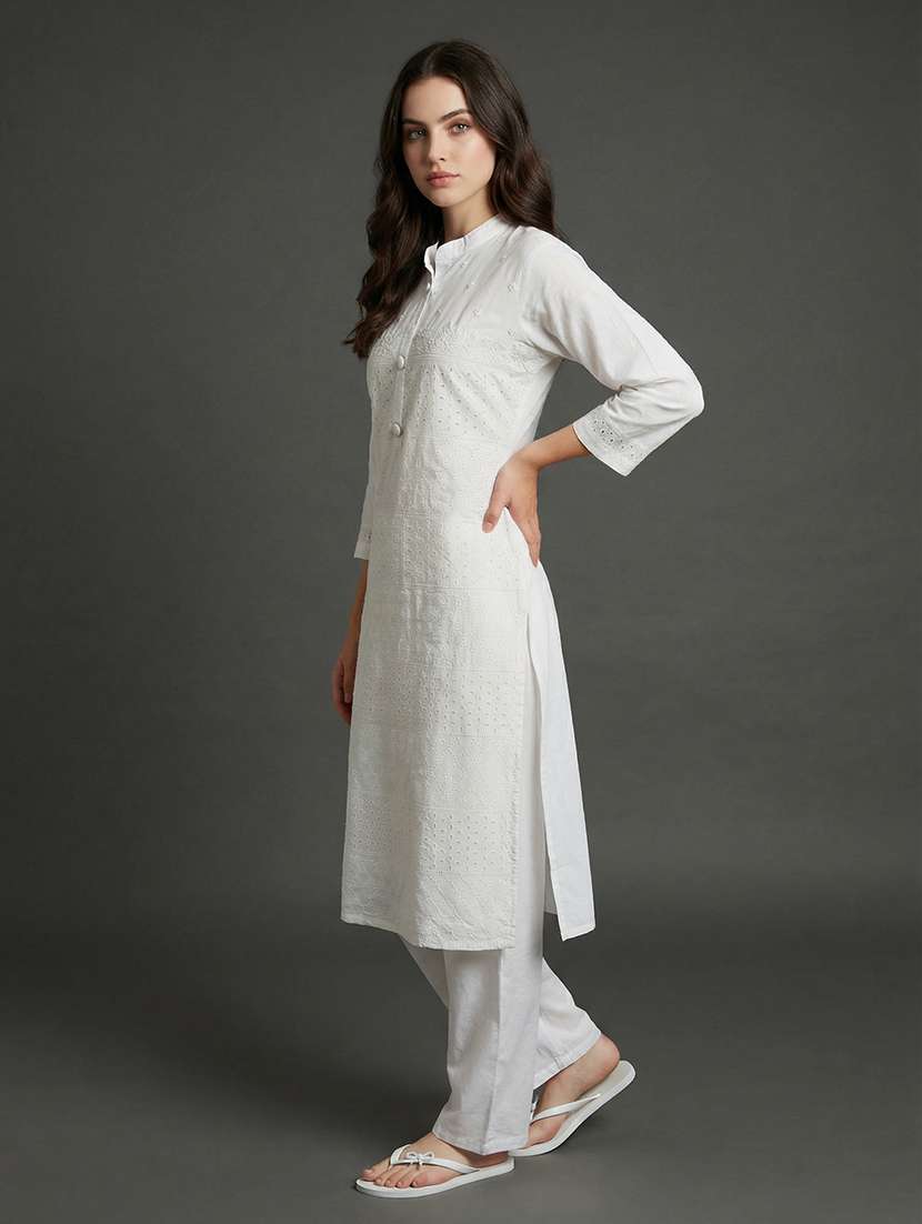 women solid with work three quarter sleeve straight kurta  - 22337769 -  Standard Image - 1