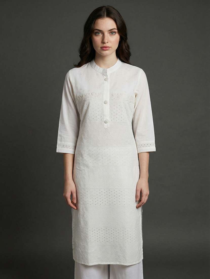 women solid with work three quarter sleeve straight kurta  - 22337769 -  Standard Image - 4