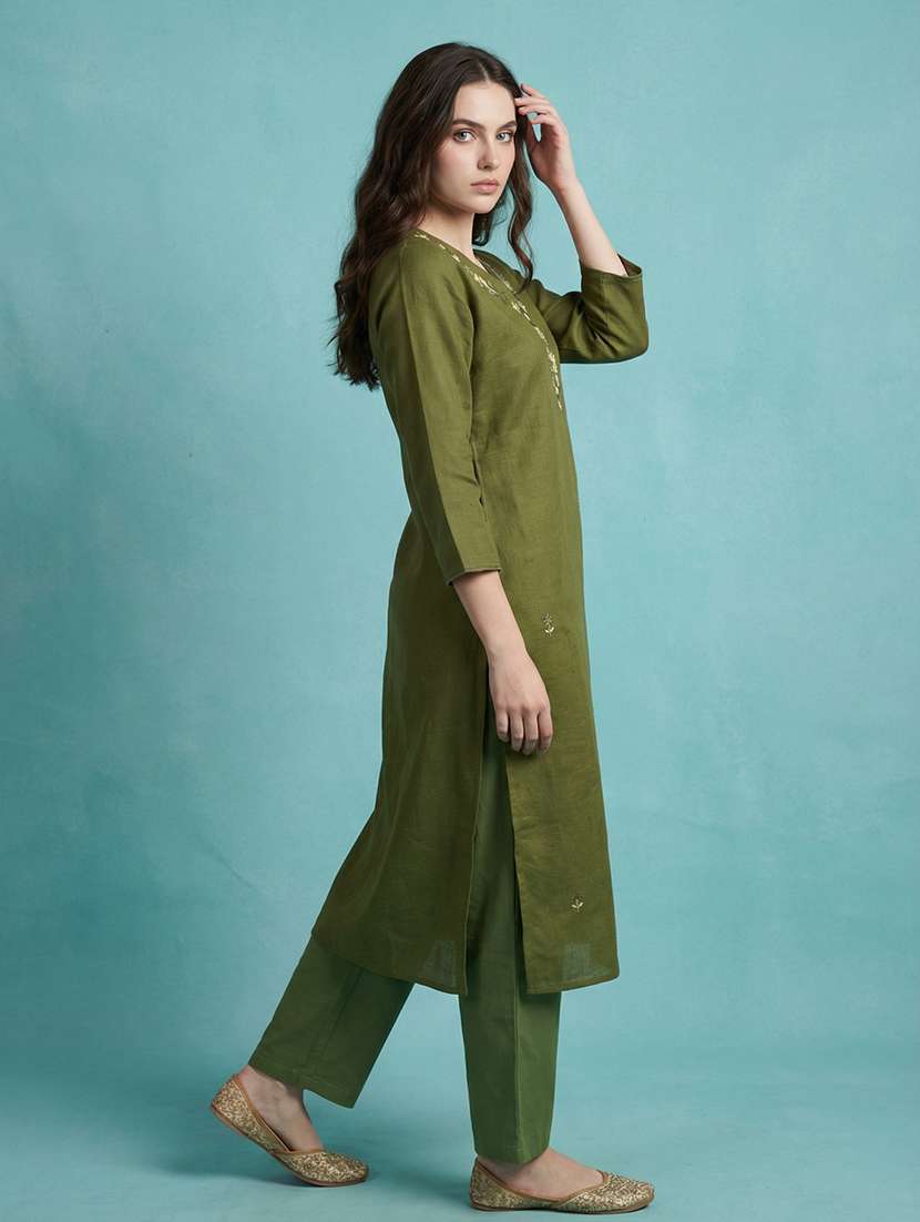 women solid with work three quarter sleeve straight kurta  - 22337770 -  Standard Image - 1