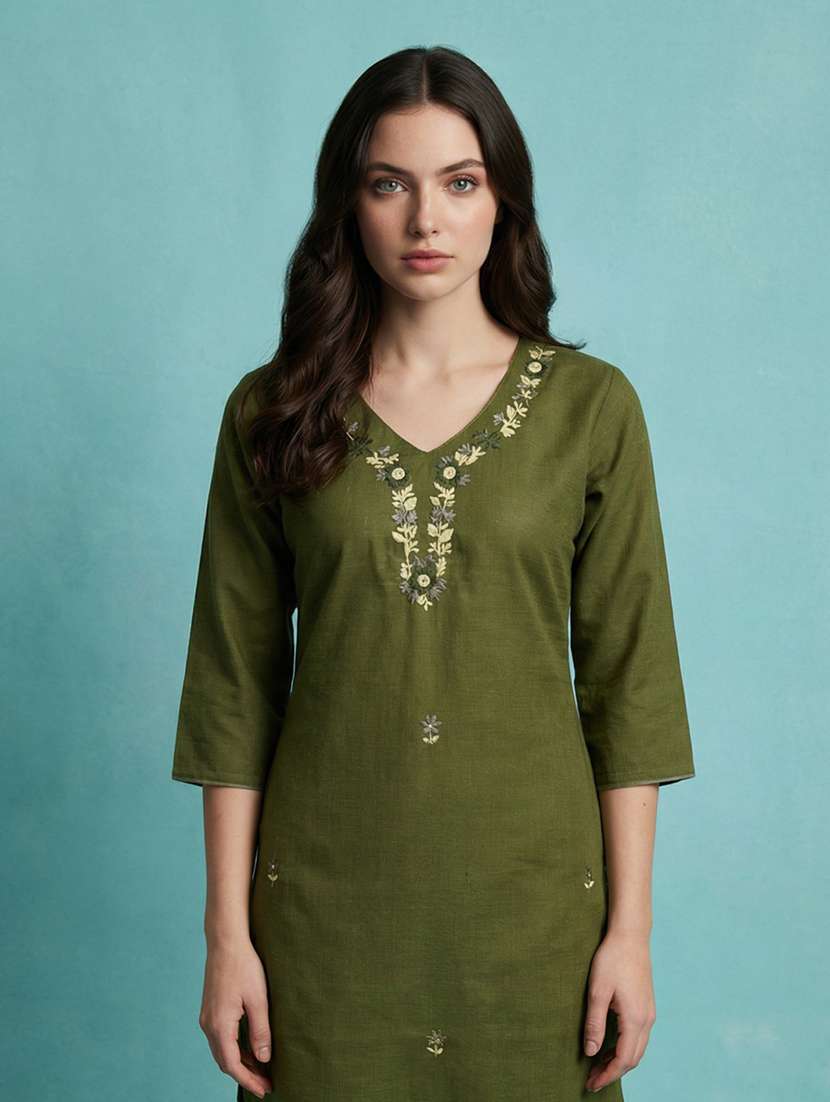 women solid with work three quarter sleeve straight kurta  - 22337770 -  Standard Image - 4