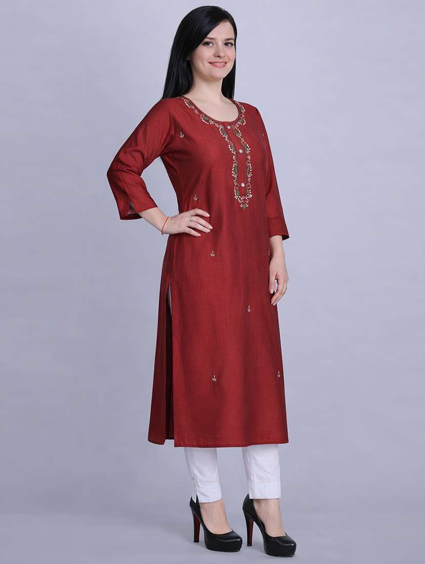 women solid with work three quarter sleeve straight kurta  - 22337773 -  Standard Image - 1