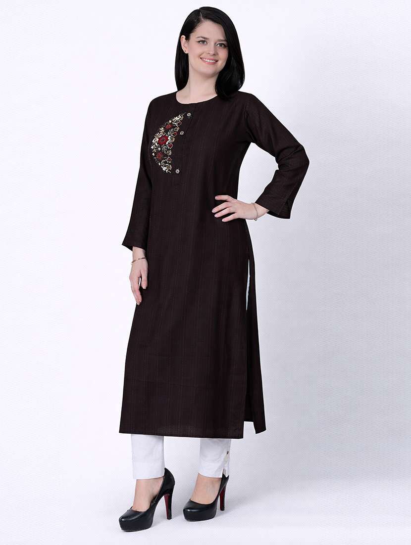women self design three quarter sleeve straight kurta  - 22337777 -  Standard Image - 1