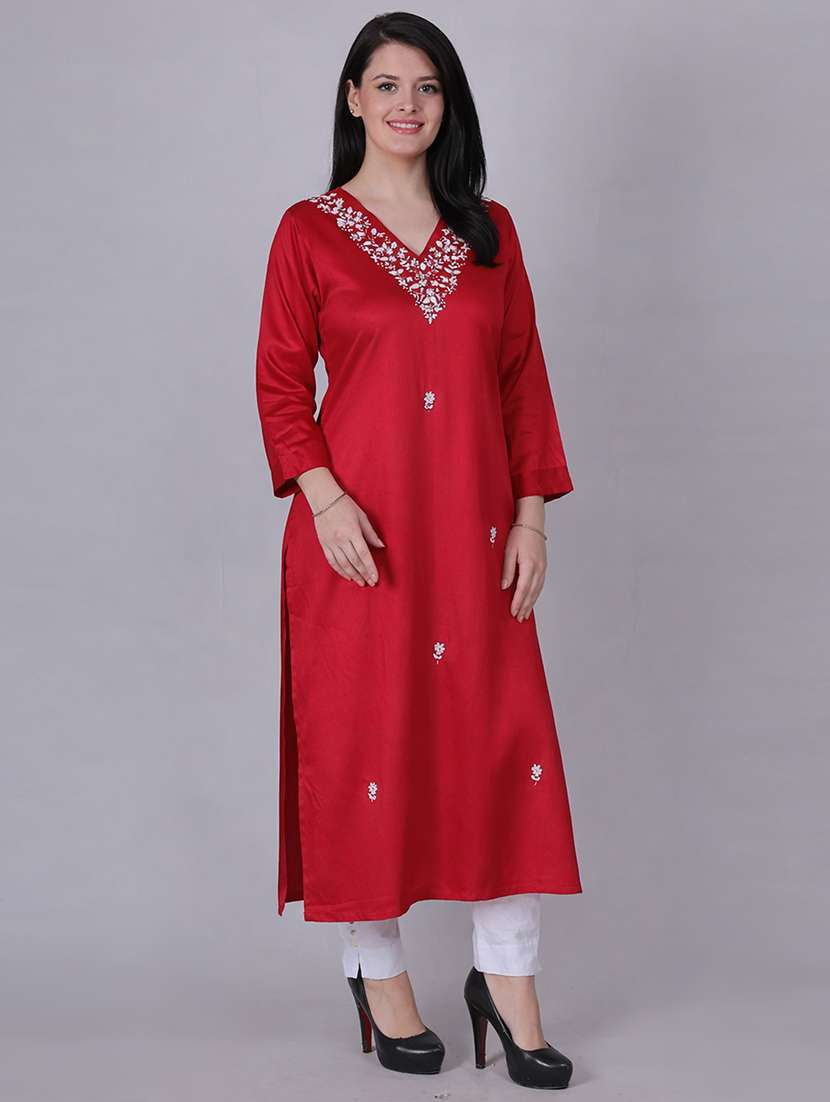 women solid with work three quarter sleeve a-line kurta - 22337778 -  Standard Image - 1