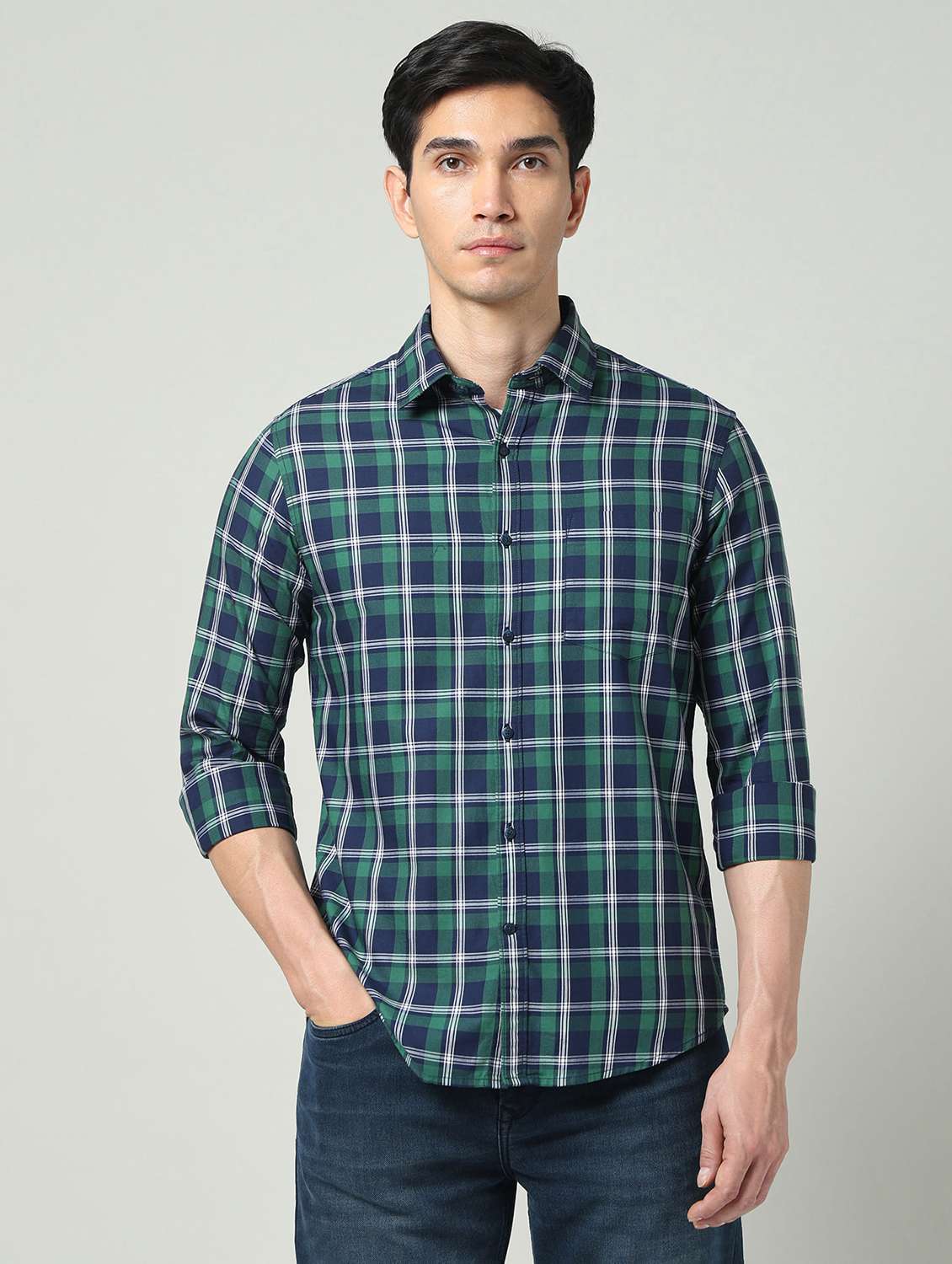 men checkered long sleeve slim fit casual shirt