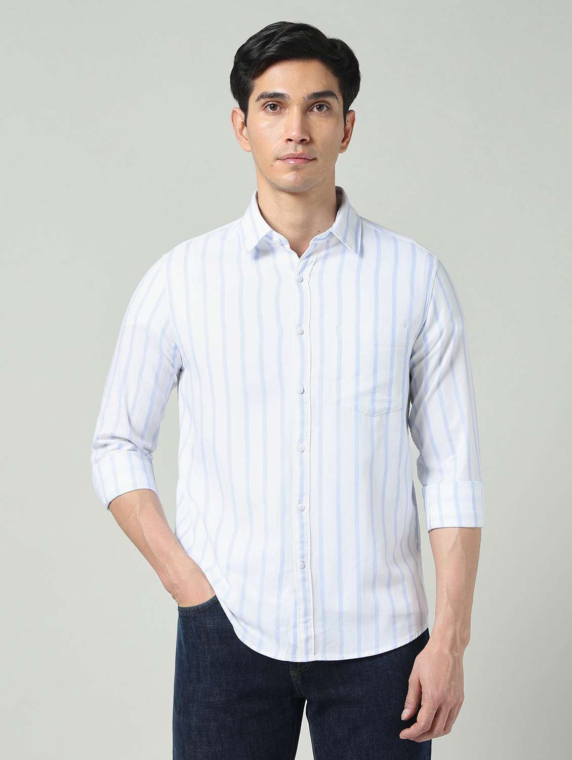 men striped long sleeve slim fit casual shirt