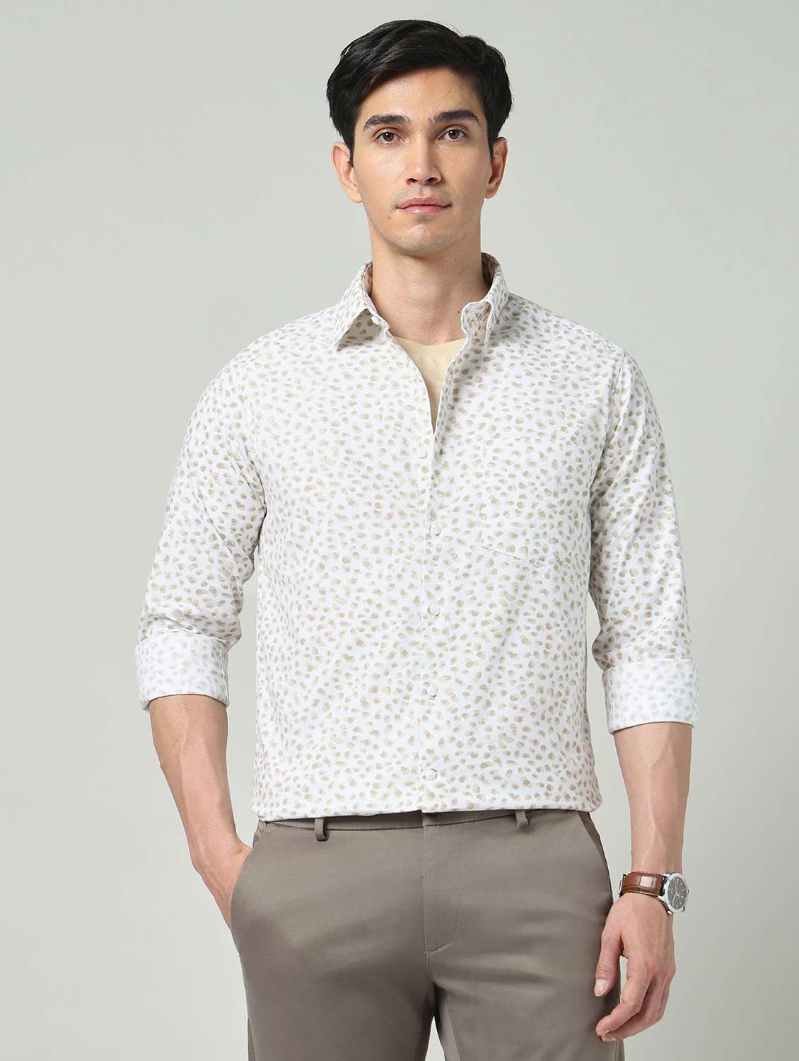 men printed long sleeve slim fit casual shirt