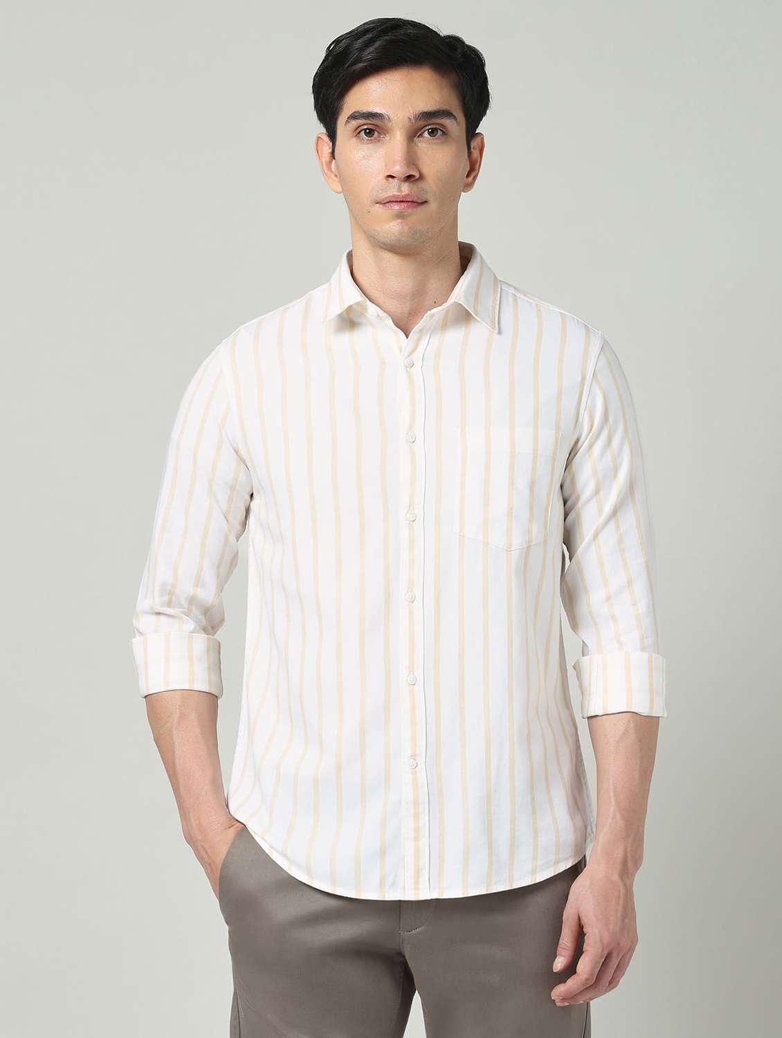 men striped long sleeve slim fit casual shirt