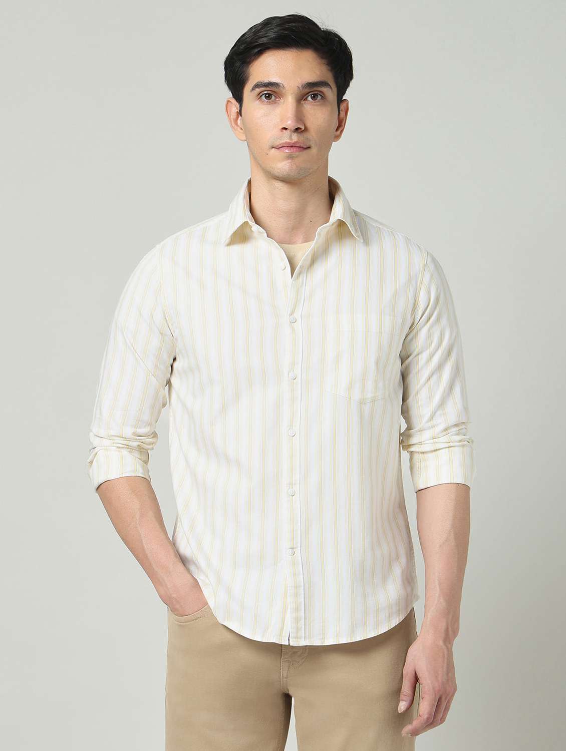 men striped long sleeve slim fit casual shirt