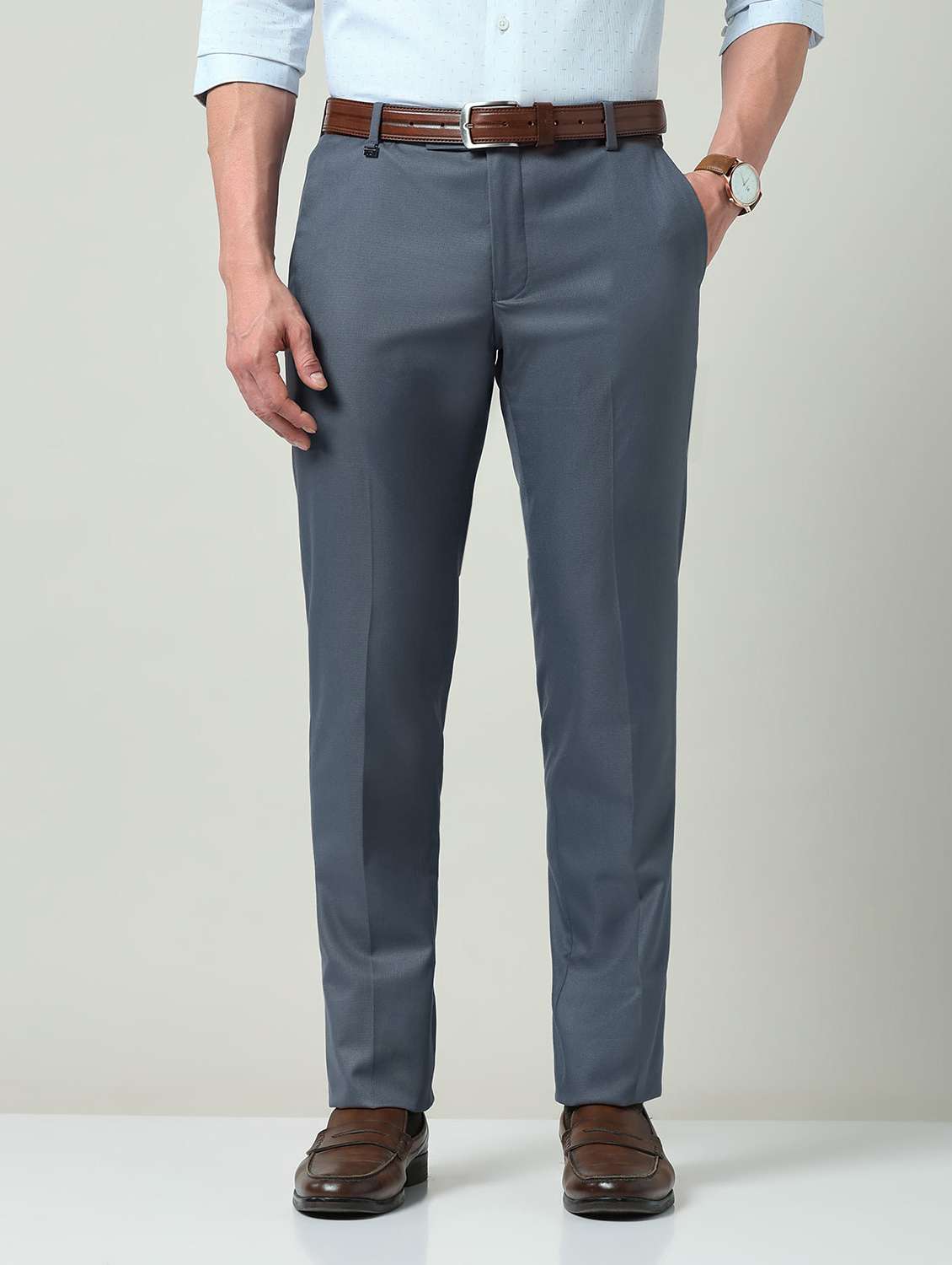 men solid mid rise flat front formal trouser - 22337972 -  Standard Image - 1