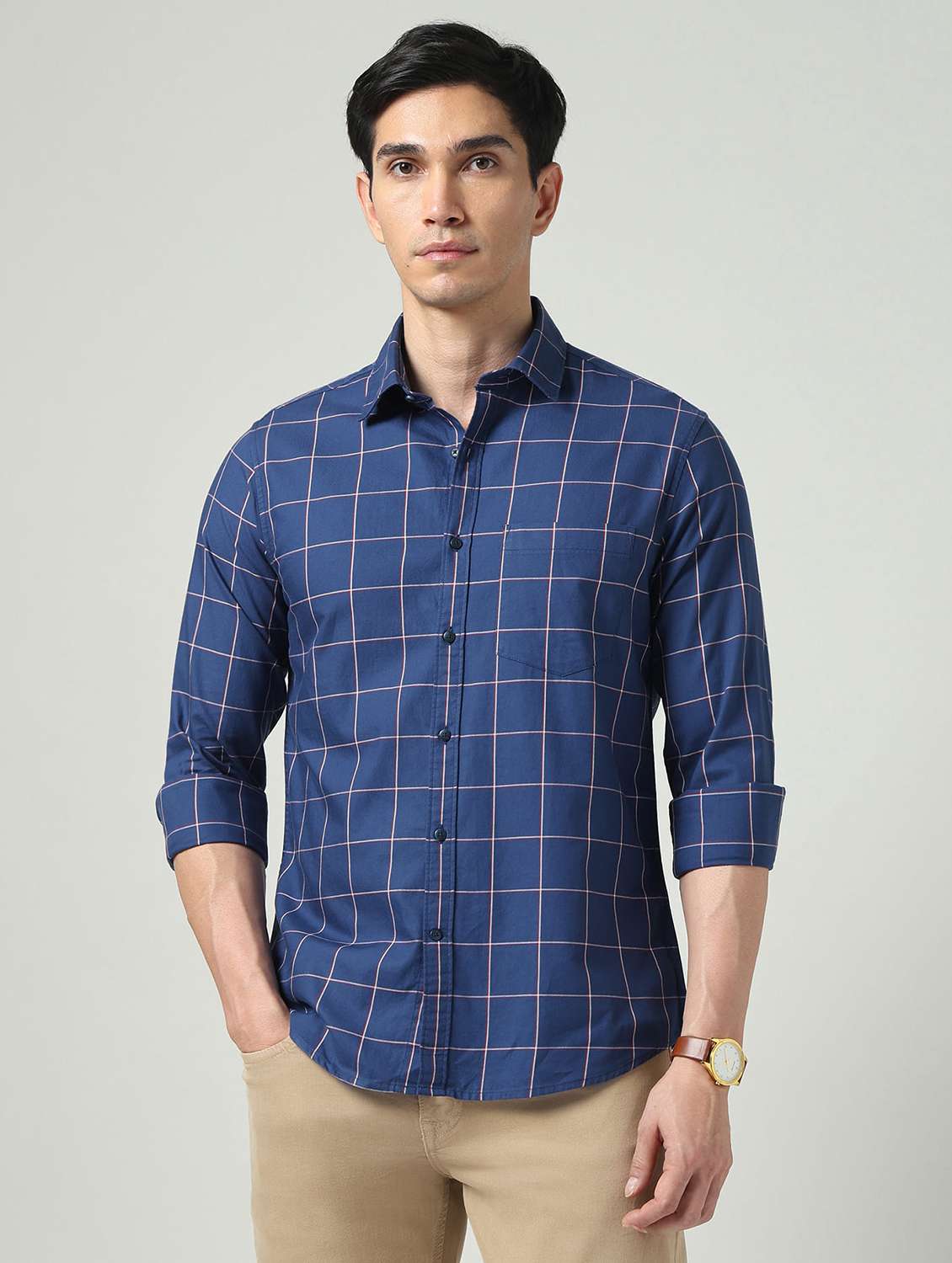 men checkered long sleeve slim fit casual shirt