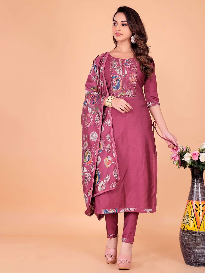 women solid three quarter sleeve kurta pant with dupatta set - 22338072 -  Standard Image - 1