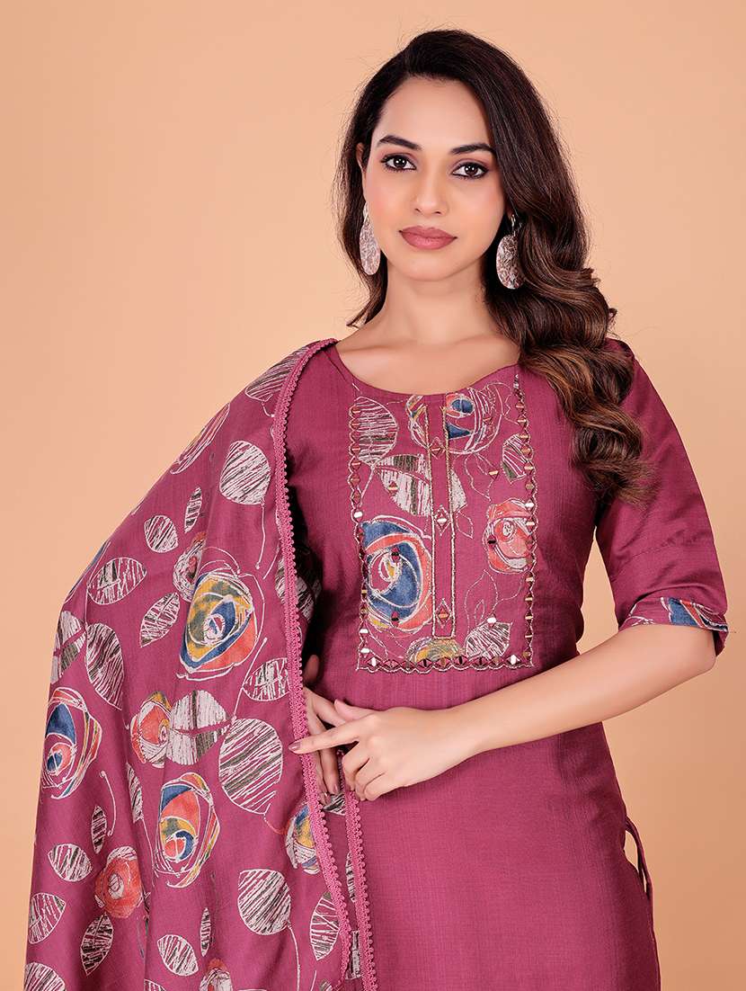 women solid three quarter sleeve kurta pant with dupatta set - 22338072 -  Standard Image - 4