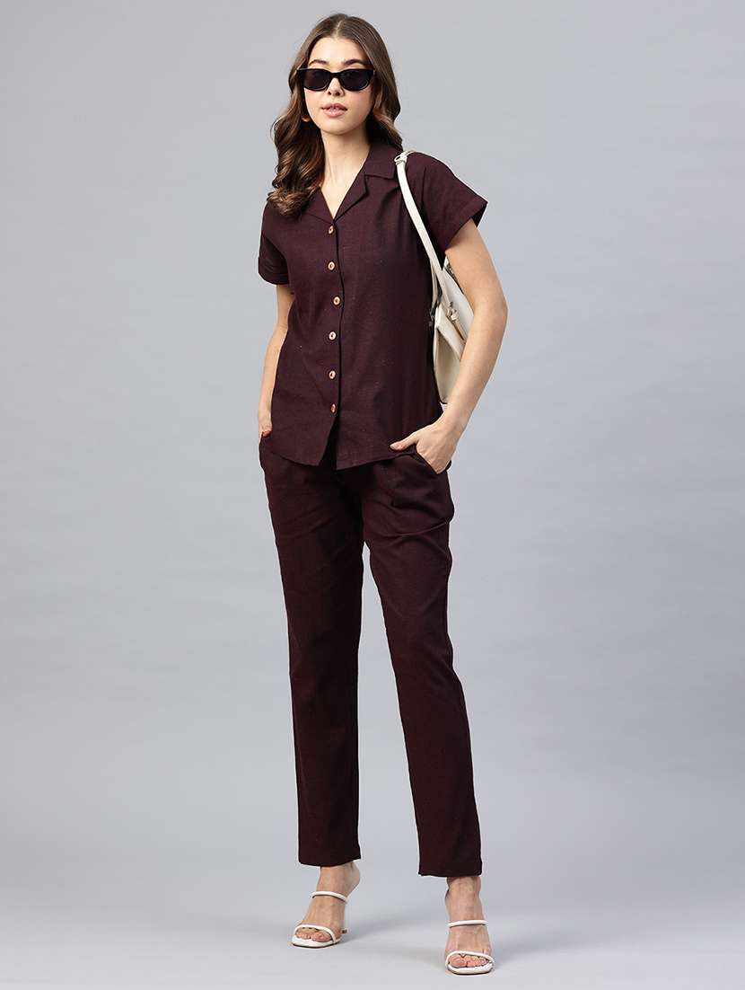 women solid shirt and trouser co-ord set
